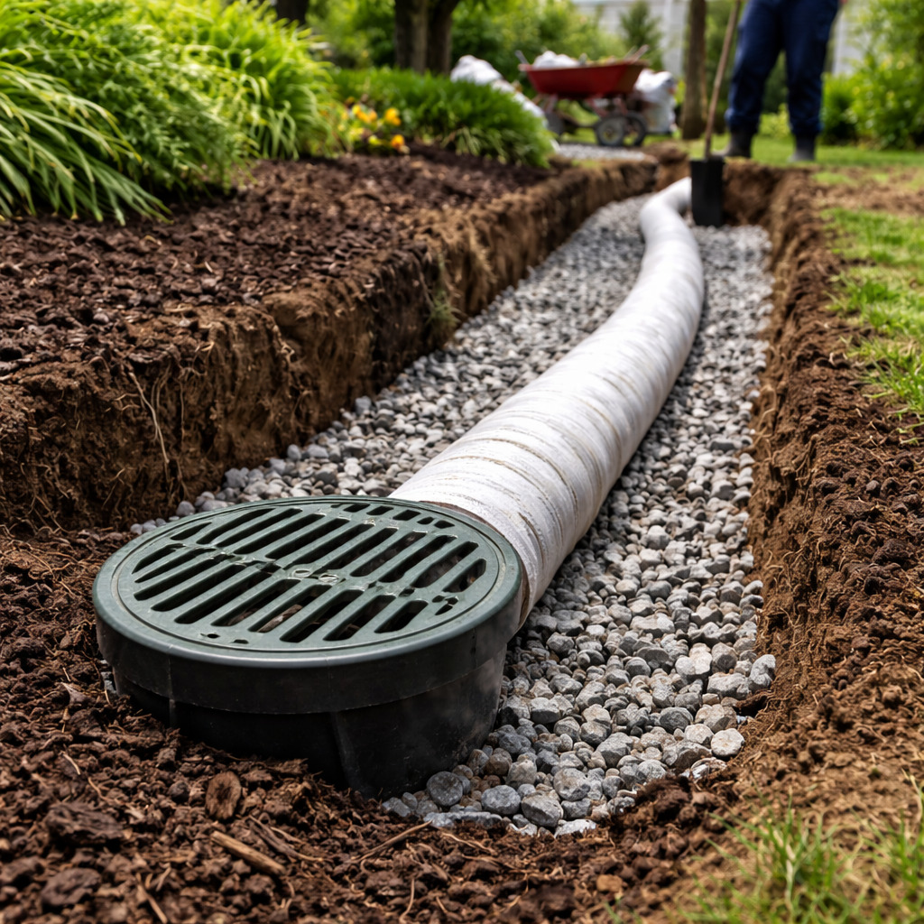 French drain in a garden