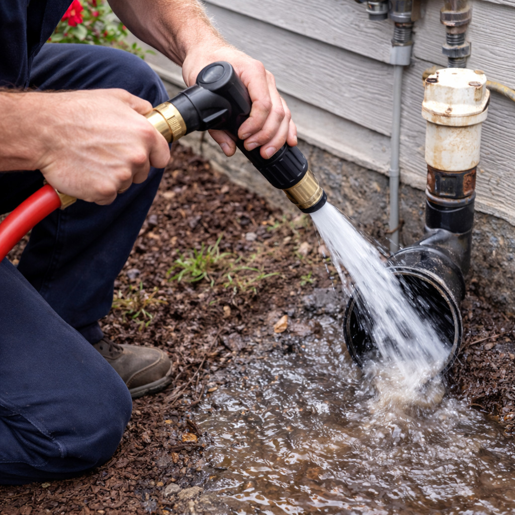 plumber performing hydro jetting