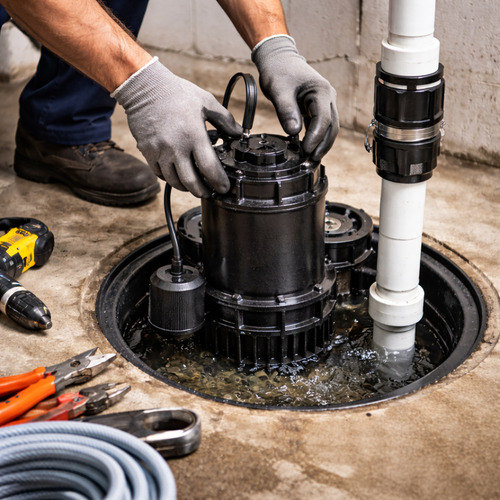 plumber installing a sump pump in a basement